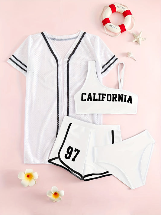 Girls Bikini Swimsuit 4pcs Set Cami Top, Shorts, Briefs & Cardigan
