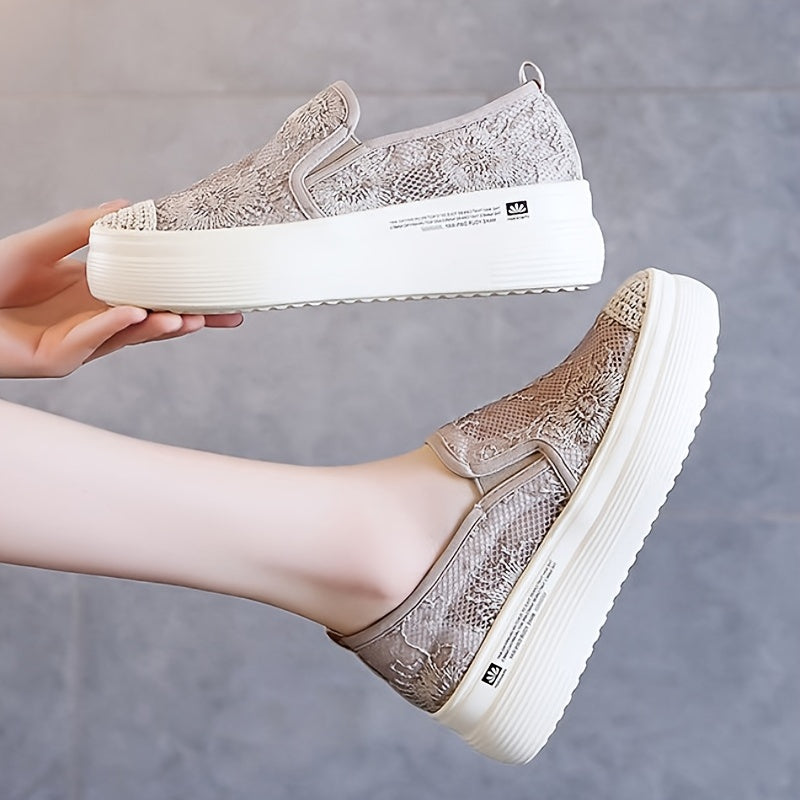 Women's Platform Lace Loafers Round Toe Hollow Out Slip On Shoes