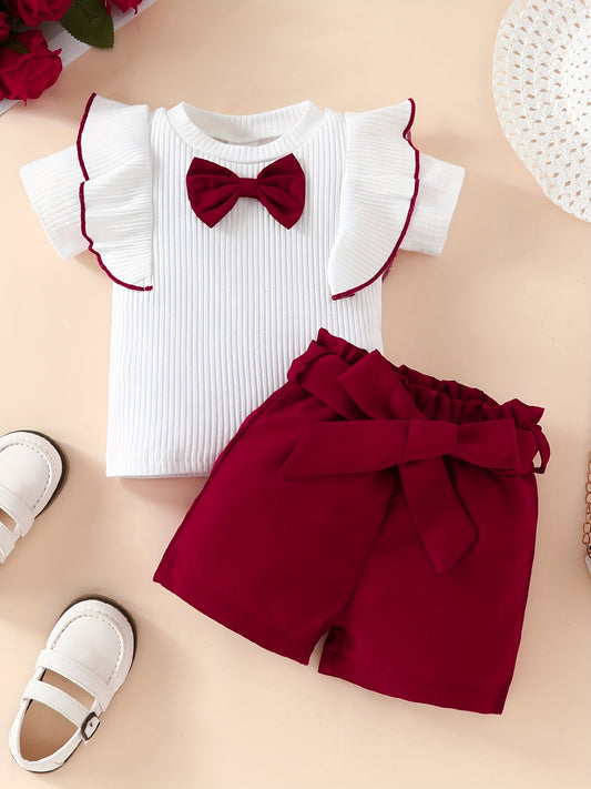 2pcs Baby Girls Bowknot Short Sleeve Top & Belted Shorts Set