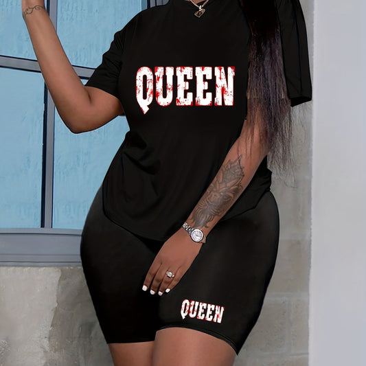  Letter Print Short Sleeve Top & Shorts Set
