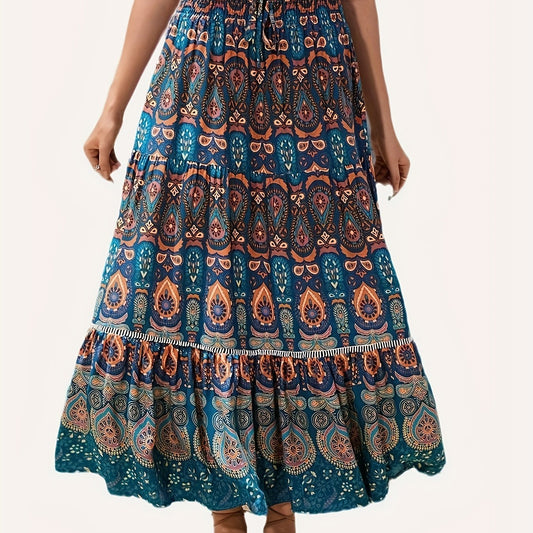  Boho Paisley Floral Print Maxi Skirt