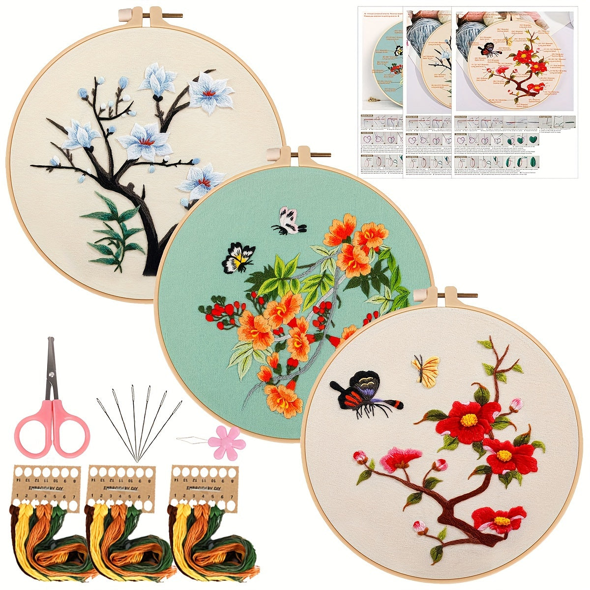 Chinese Style Flowers Lotus Manjusaka Embroidery Kit Set with Hoop 20.07cm