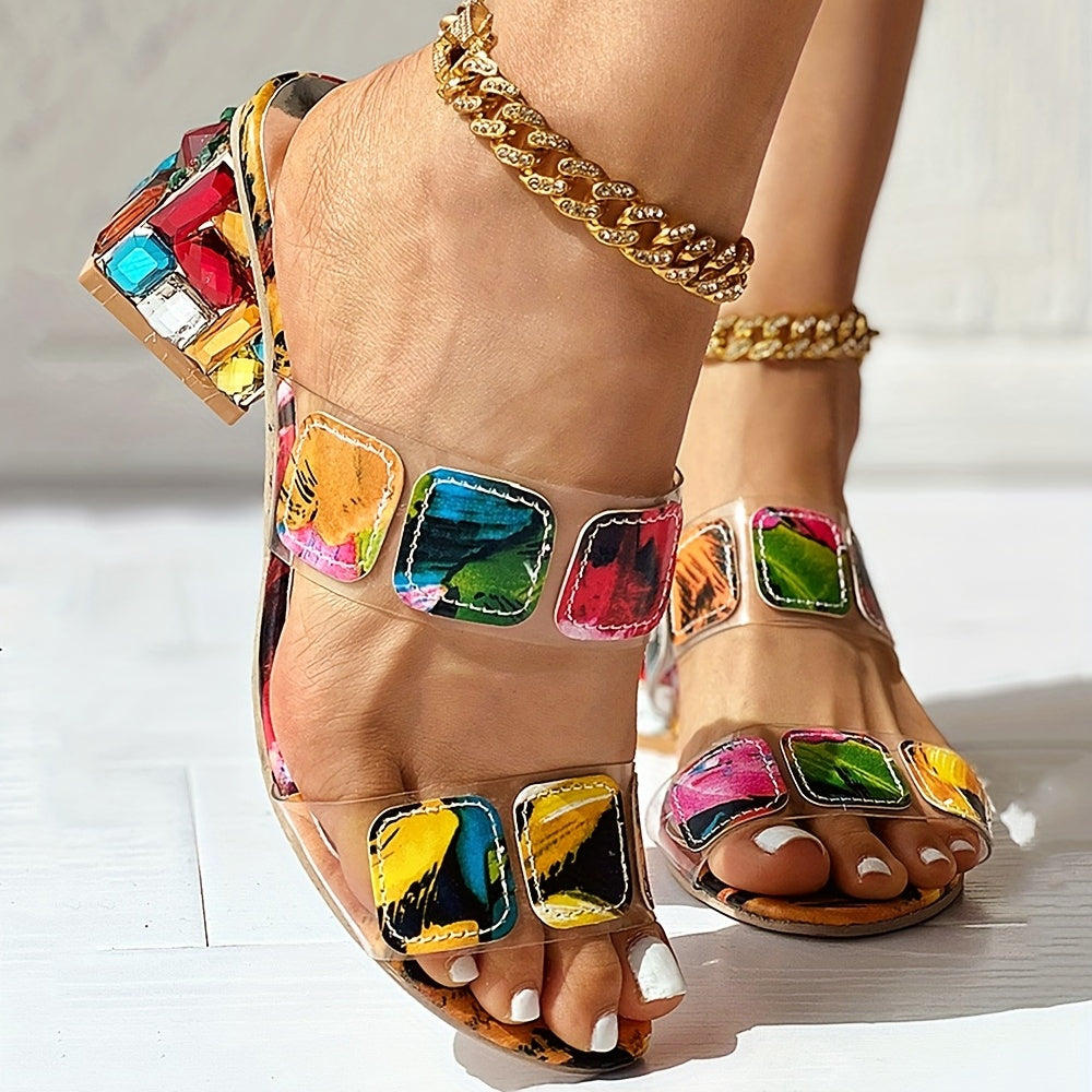 Women's Rhinestone Heeled Sandals Open Toe Chunky Heels