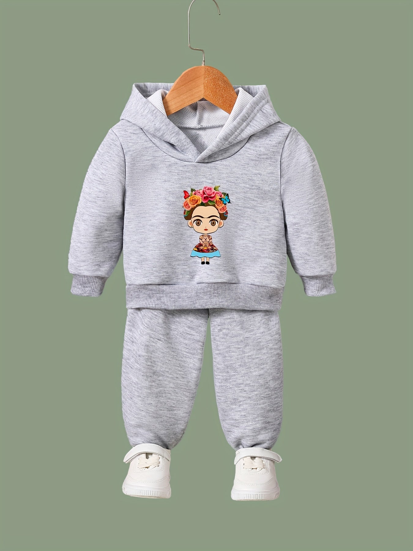 Girl's Cartoon Hoodie & Pants Set, Monkey Print, Sporty Outfit