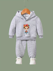 Girl's Cartoon Hoodie & Pants Set, Monkey Print, Sporty Outfit