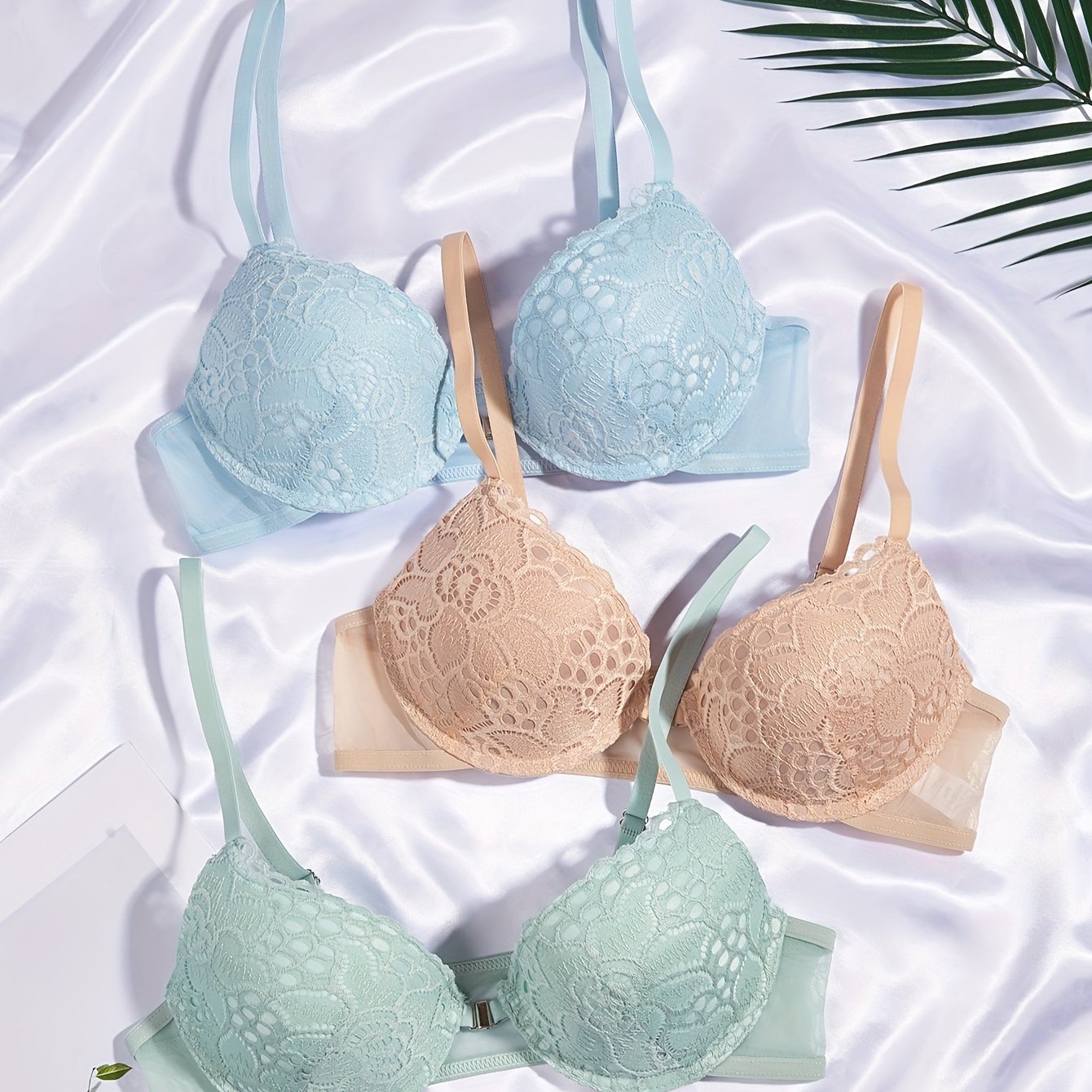 3pcs Contrast Lace Push Up Bras Front Buckle