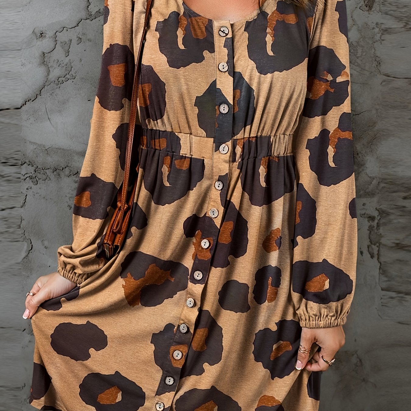 Women's Plus Leopard Print Lantern Sleeve Round Neck Casual Dress