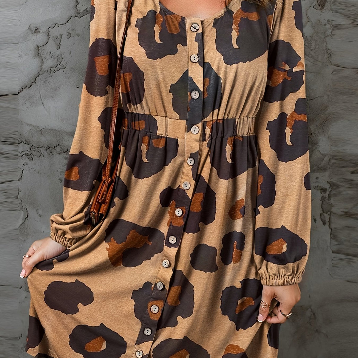 Women's Plus Leopard Print Lantern Sleeve Round Neck Casual Dress