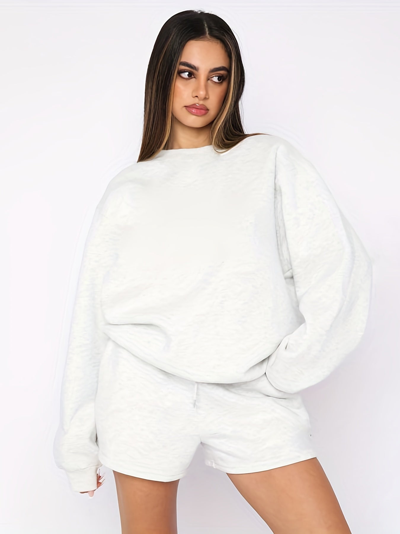 Solid Sweatshirt & Drawstring Shorts Set Women's Outfit