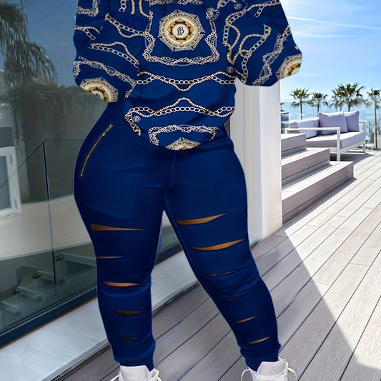  Chain Print Top & Ripped Leggings Set