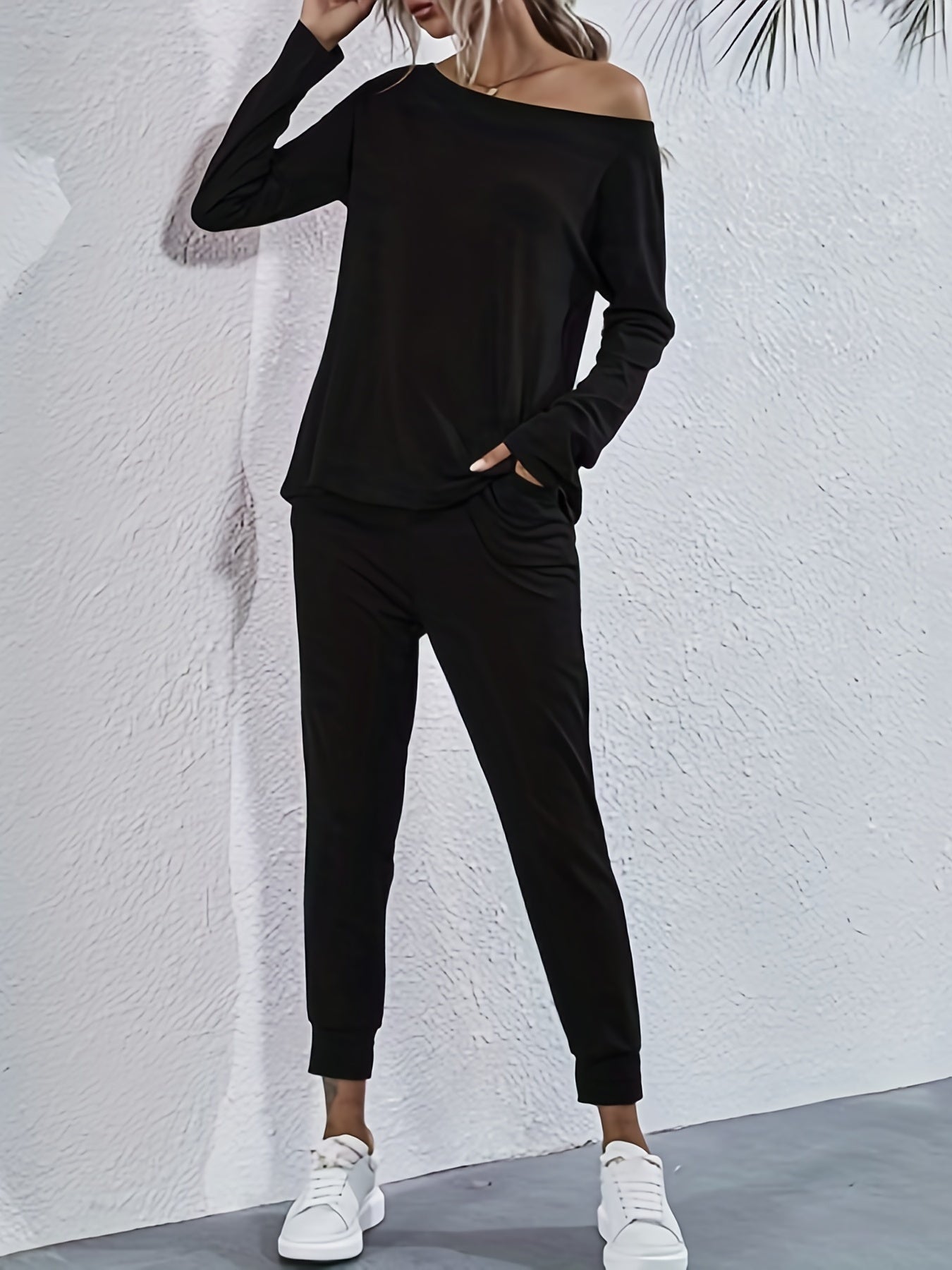  Solid One Shoulder Top & Jogger Pants Set