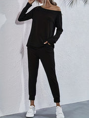  Solid One Shoulder Top & Jogger Pants Set