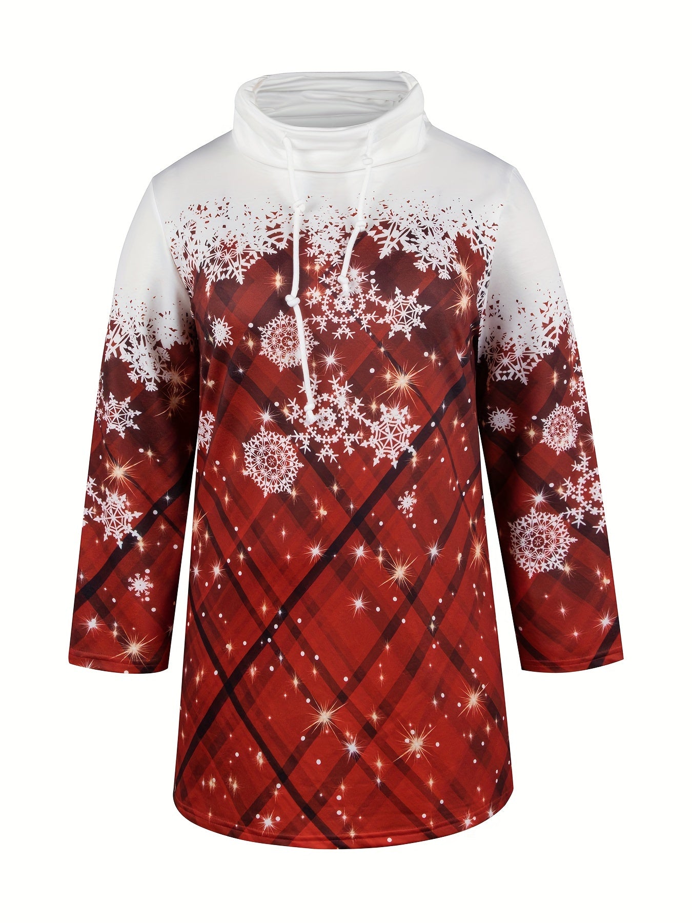  Colorblock Plaid & Snowflake Print Drawstring Dress