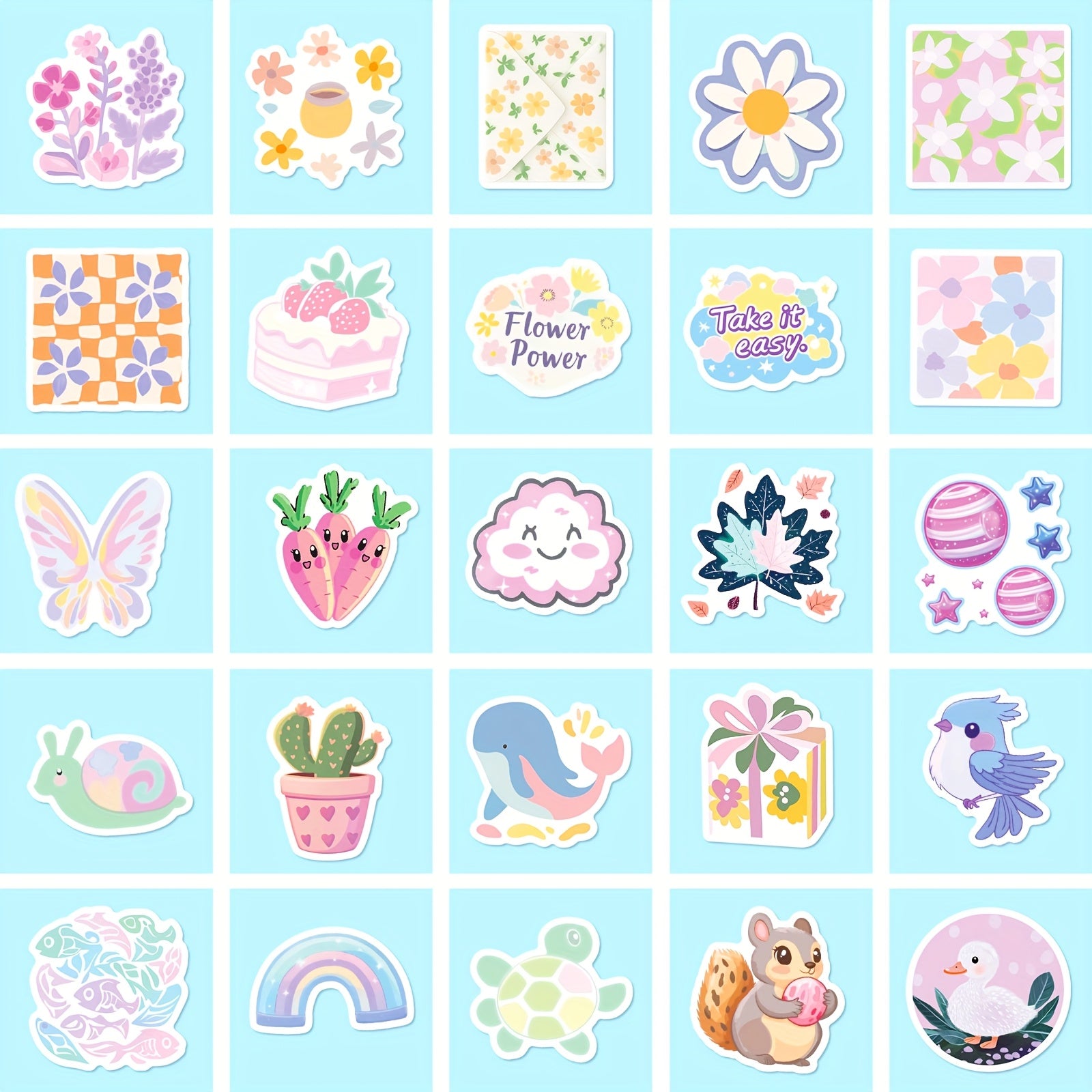 50pcs Spring Pastel Flower & Animal Stickers for Teens