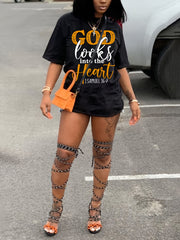  Art Letter Print Tee Dress Short Sleeve Round Neck Dress