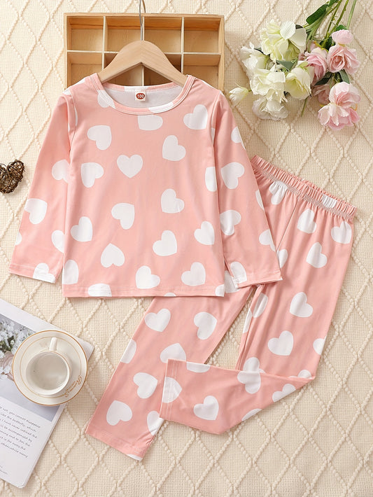 Heart Print Kid's Pajamas 2pcs Long Sleeve Top & Pants Set