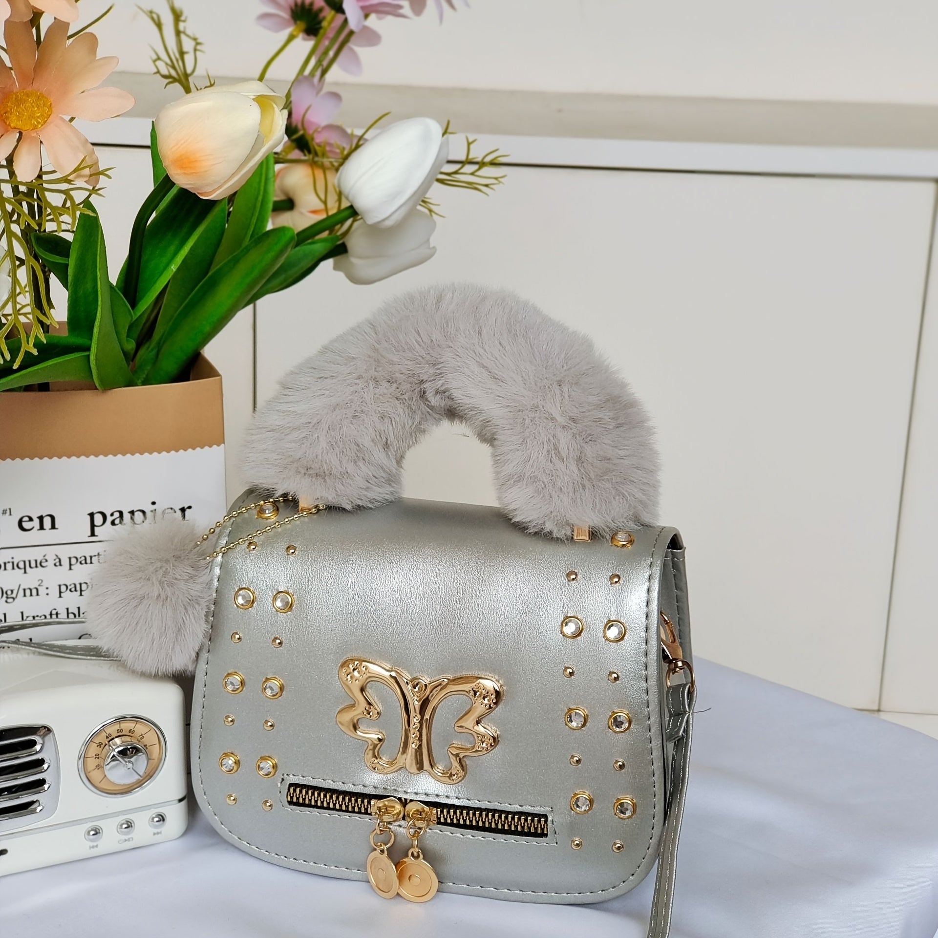 Rhinestone Butterfly Crossbody Bag Square Purse Plush Handle