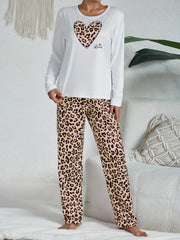 Leopard Pajama Set Long Sleeve Heart Print Top & Pants