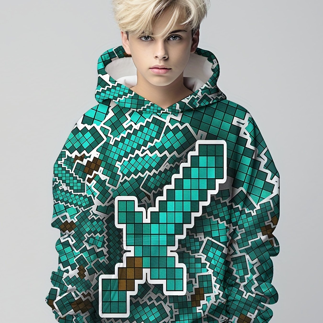 Plaid Sword 3D Print Boys Hoodie Long Sleeve Pullover Sweatshirt