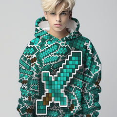 Plaid Sword 3D Print Boys Hoodie Long Sleeve Pullover Sweatshirt