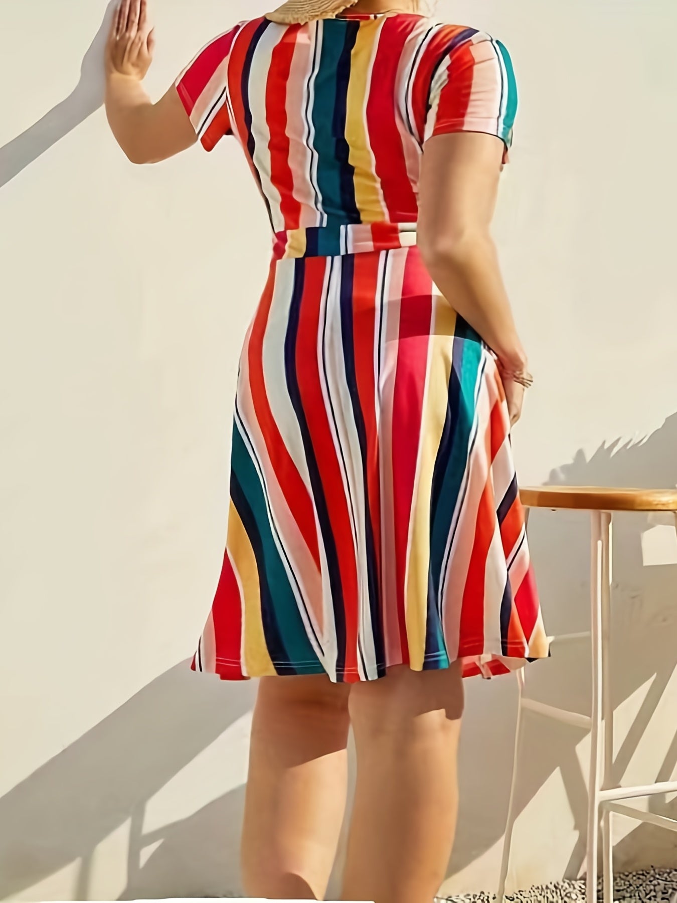  Boho Dress Women's Plus Stripe Print Short Sleeve Dress