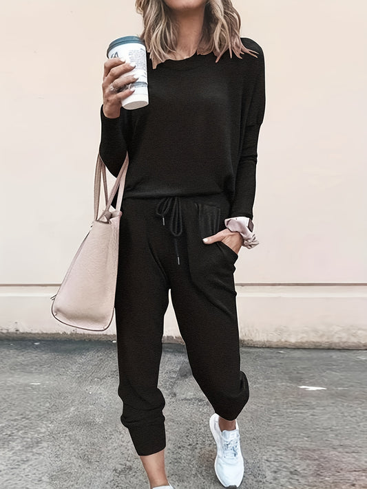 Solid Casual Two piece Set Crew Neck Long Sleeve Tops & Workout Pants