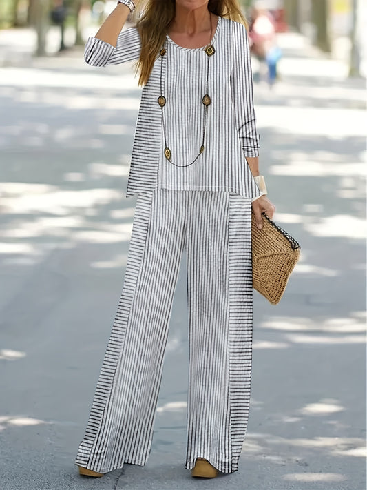 Striped Casual Two piece Set Crew Neck Long Sleeve Top & Wide Leg Pants
