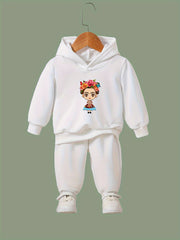 Girl's Cartoon Hoodie & Pants Set, Monkey Print, Sporty Outfit