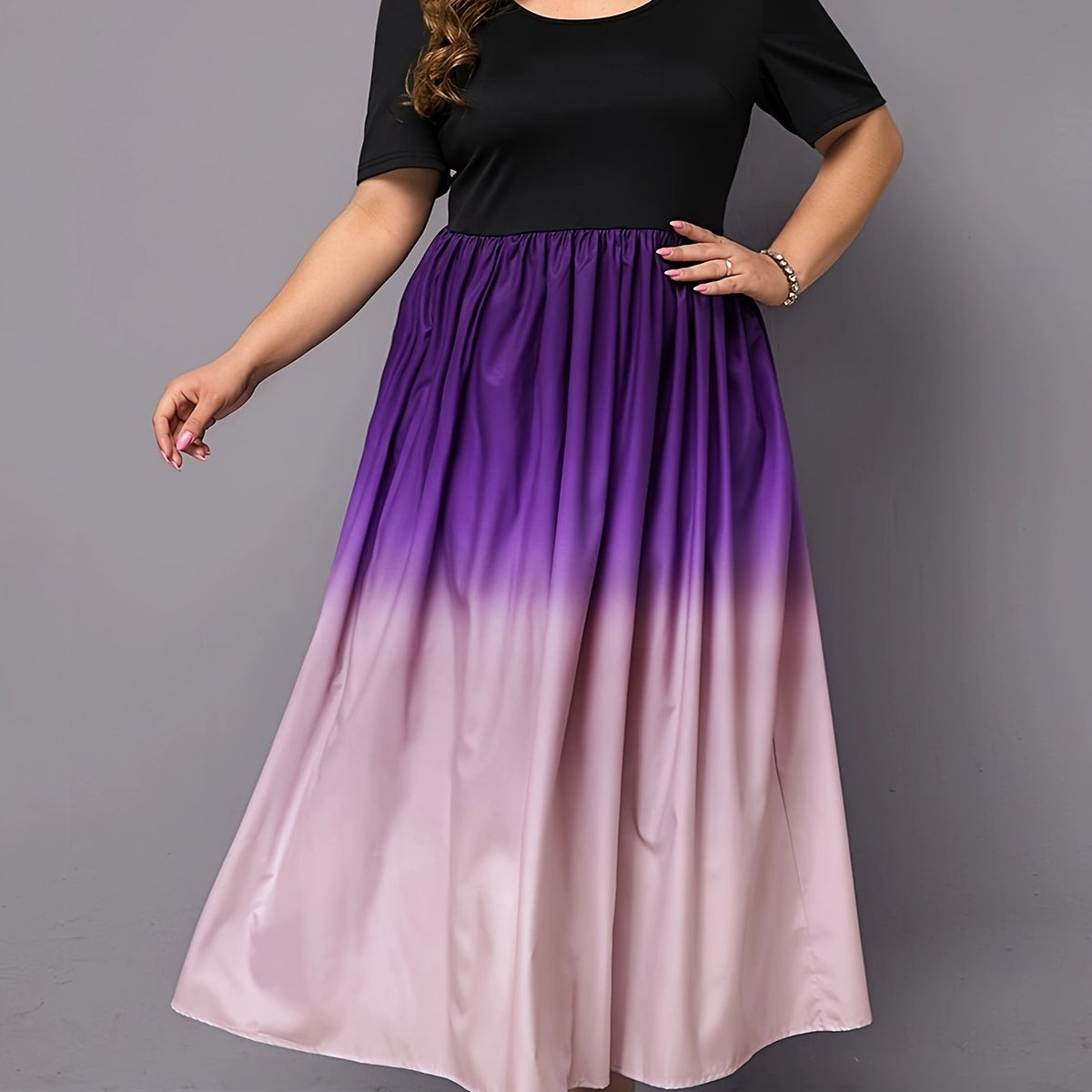  Ombre Print Short Sleeve Maxi Dress
