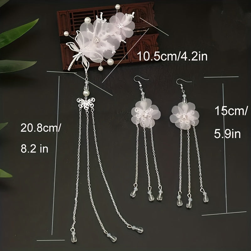 Flower & Tassel Decor Hair Clip Rhinestone Earrings Set