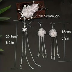Flower & Tassel Decor Hair Clip Rhinestone Earrings Set