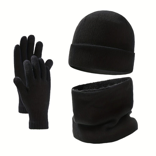 Men's Winter Hat Scarf Gloves Set Velvet Lining