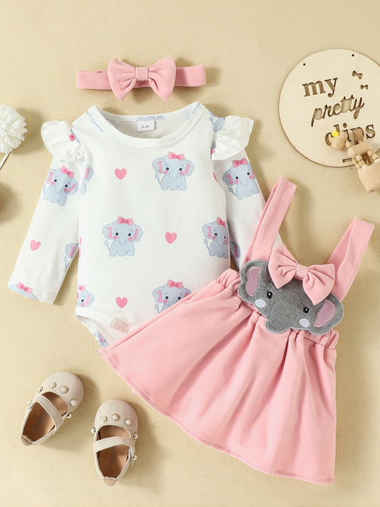 Baby Girls Elephant Romper & Skirt Set with Headband