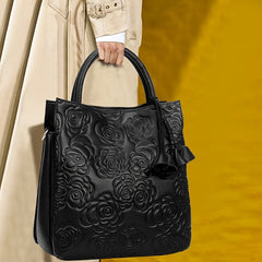 Flower Embossed Leather Tote Bag Top Handle Purse