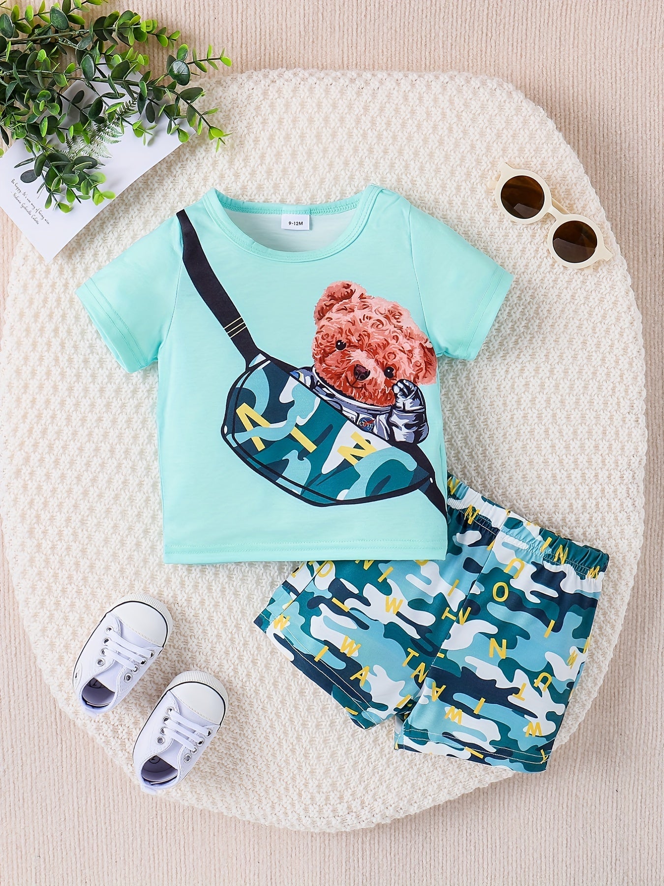 Preppy Kids Bear Graphic T-shirt & Plaid Shorts Set