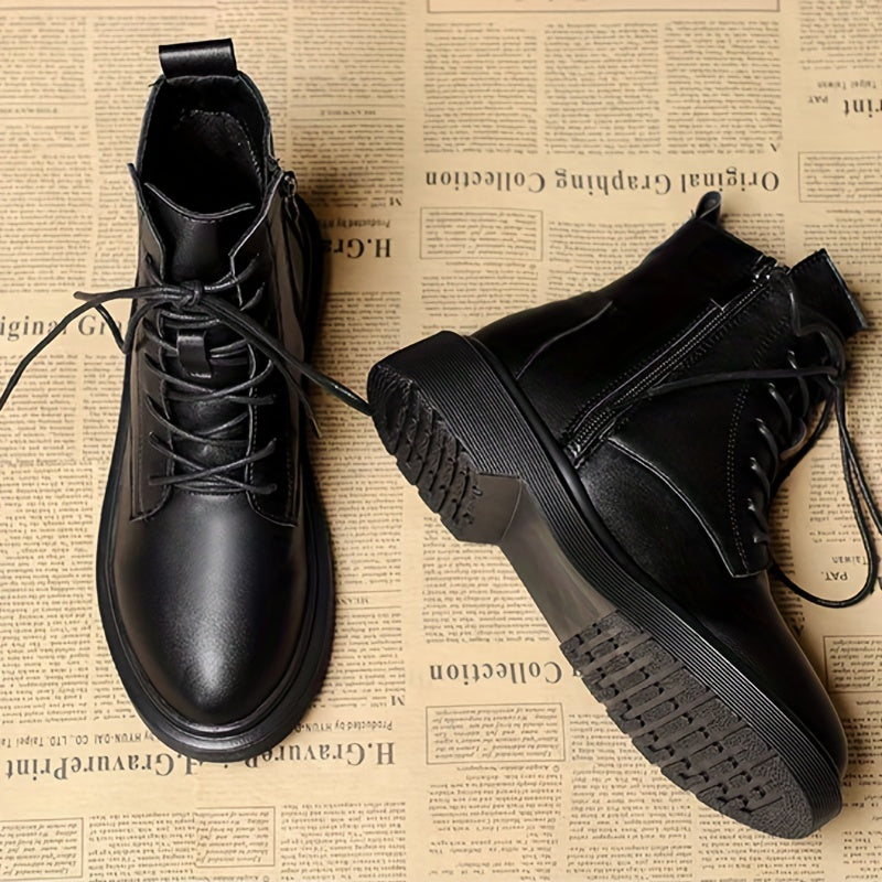 Women's Solid Combat Boots Lace Up Zipper British Style Boots