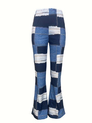  Denim Print High Waist Flared Leg Stretch Trousers