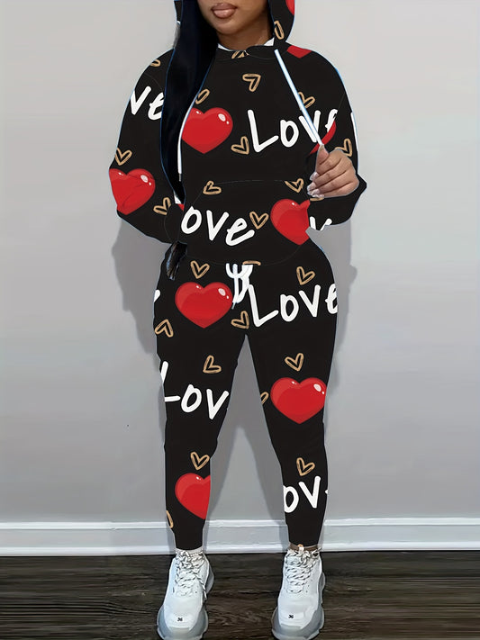  Letter & Heart Print Hoodie & Joggers Set