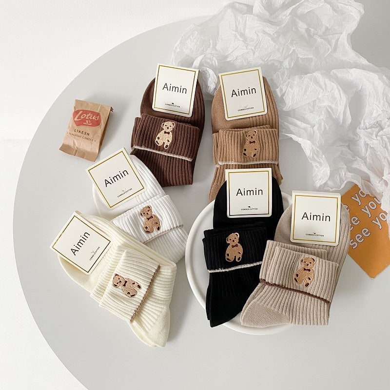 6 Pairs Women's Bear Embroidery Crew Socks