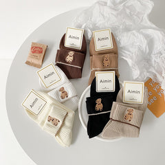 6 Pairs Women's Bear Embroidery Crew Socks