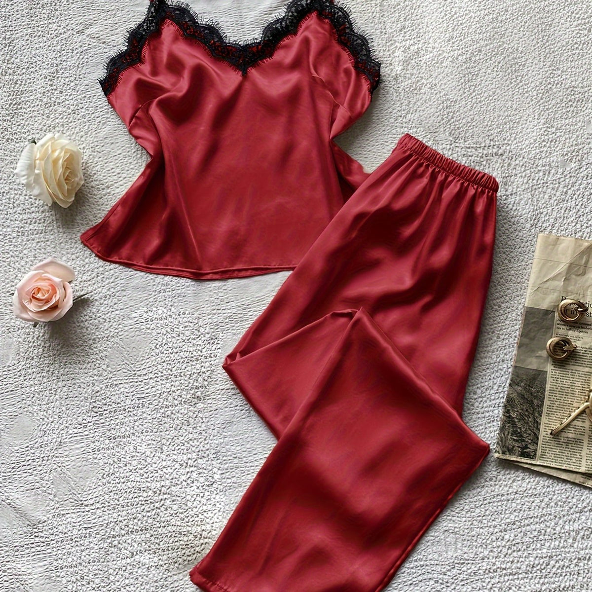 Lace Trim Pajama Set V Neck Cami Top & Pants Women's Sleepwear
