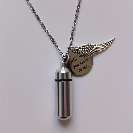 Cylinder Pet Ashes Necklace with Angel Wing - Memorial Keepsake Pendant