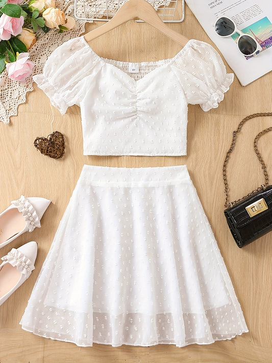 Girls Chiffon Puff Sleeve Cropped Top & Skirt Set for Summer Holiday Party