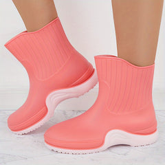 Women's Waterproof Ribbed Rain Boots Non Slip Mid Calf