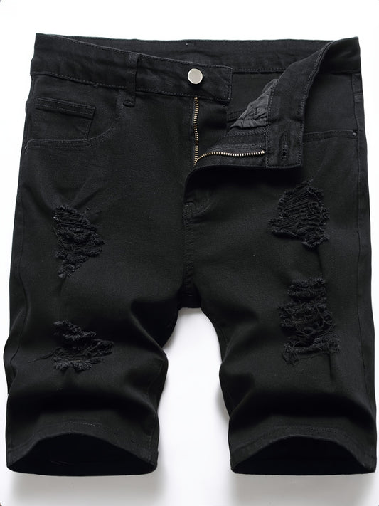 Men's Distressed Denim Shorts Mid Stretch Casual Street Style