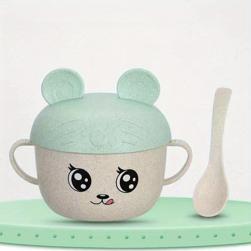 Children's Cartoon Double Handle Bowl with Lid and Spoon