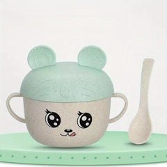 Children's Cartoon Double Handle Bowl with Lid and Spoon