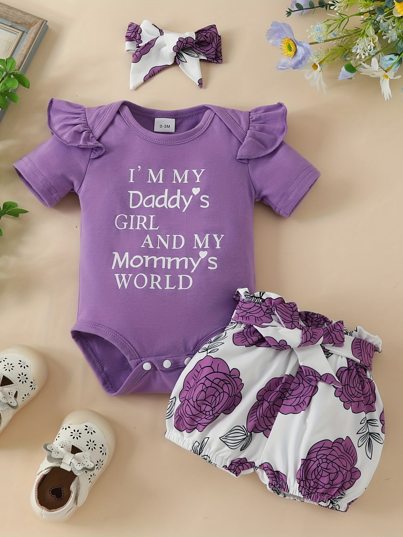 Daddy's Girl, Mommy's World Onesie Set with Floral Shorts
