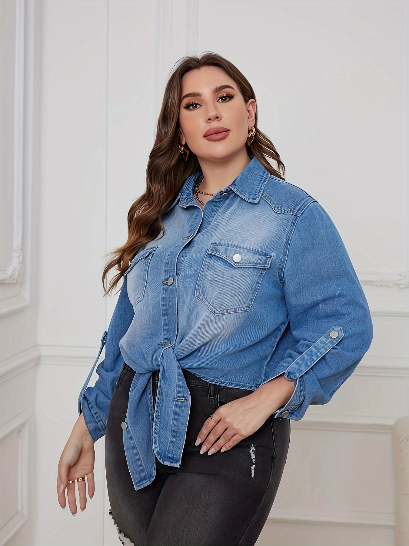  Denim Top Women's Rolled Sleeve Button Up Tie Front Blouse