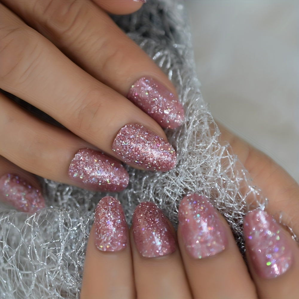 24pcs Pink Glitter Press On Nails Short Oval Full Cover Reusable False Nails